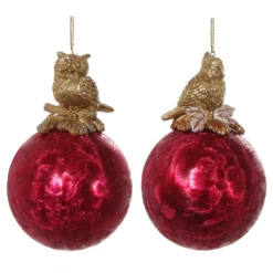 Shishi 14cm 2 Mix Red Frosted Glas Ball with Bird on Top