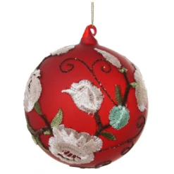 Shishi 12cm Mat Red Glass ball with Cream Lace Flowers